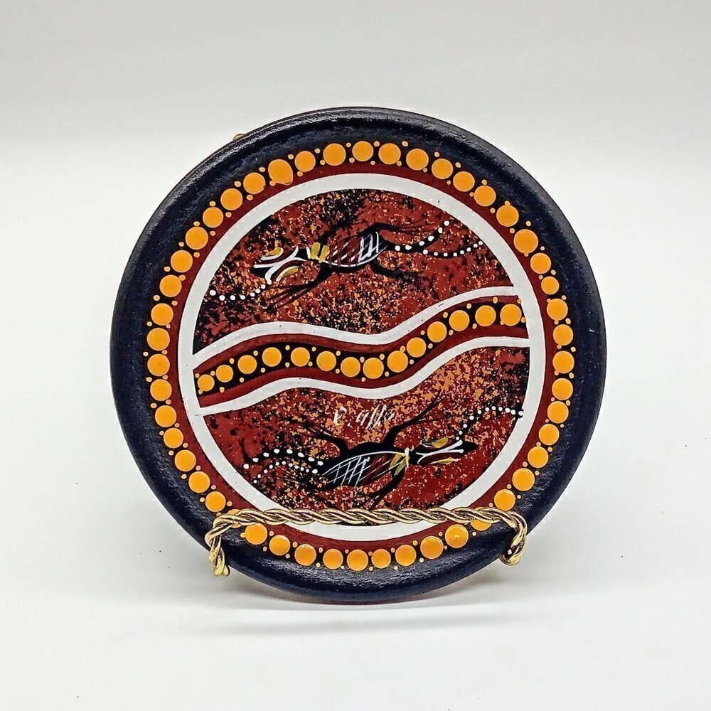 Orange Dot Brown Round Mini Plate Rock Art